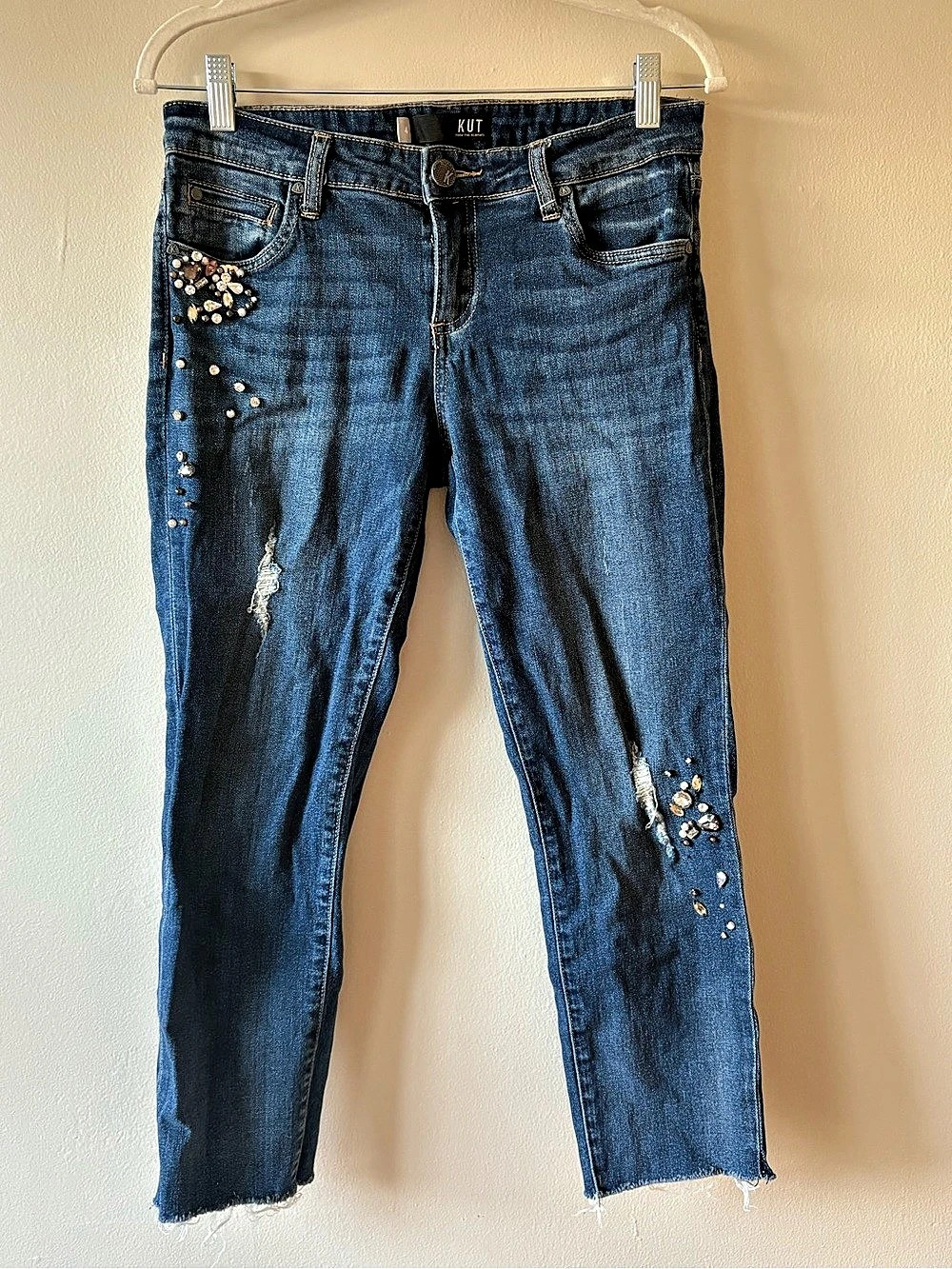 KUT from the Kloth Catherine Ankle Straight Leg Distressed Bedazzled Jeans
